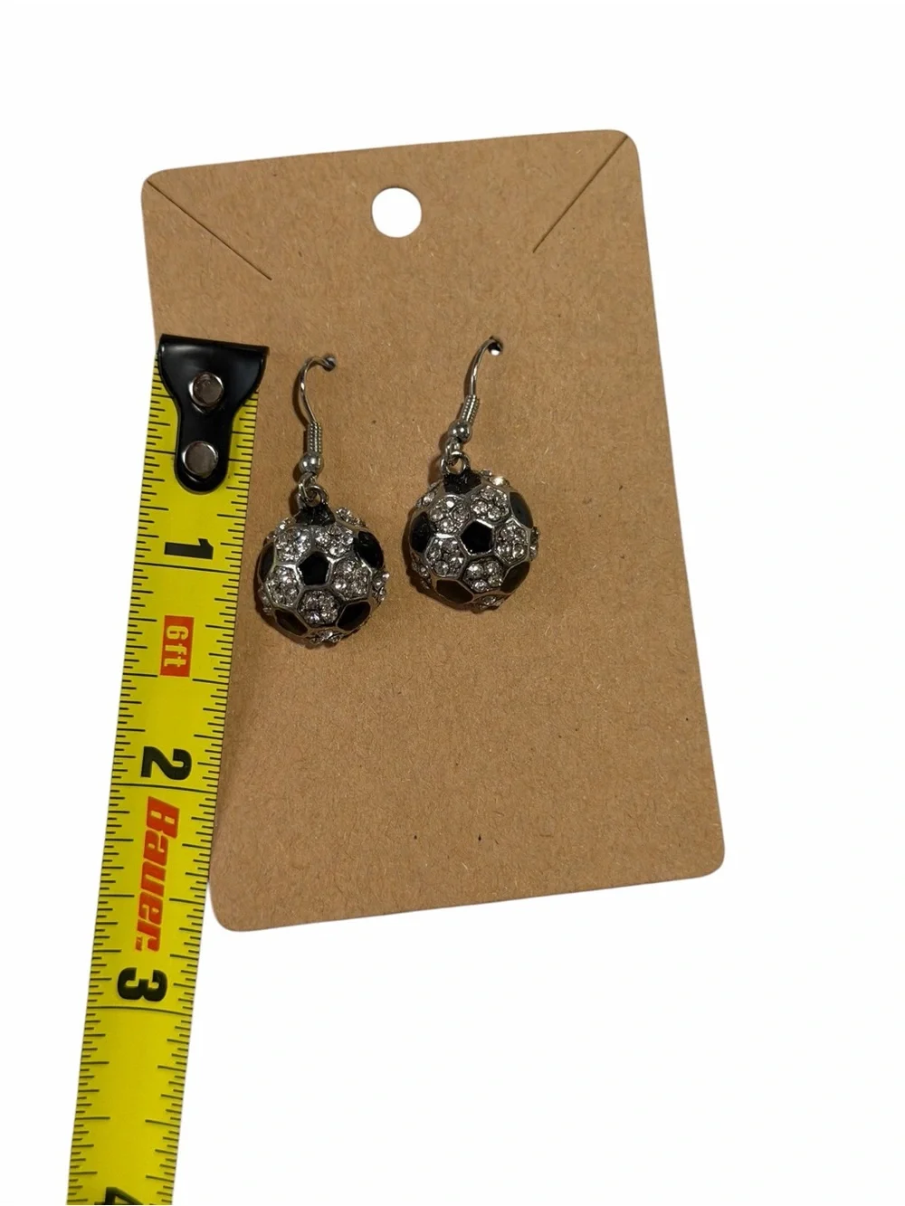 Silver Black Crystal Soccer Ball Dangle Earrings